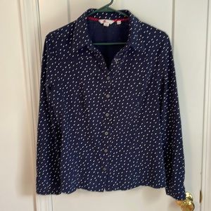 Boden size 12 navy blue and white polkadot button down jersey shirt